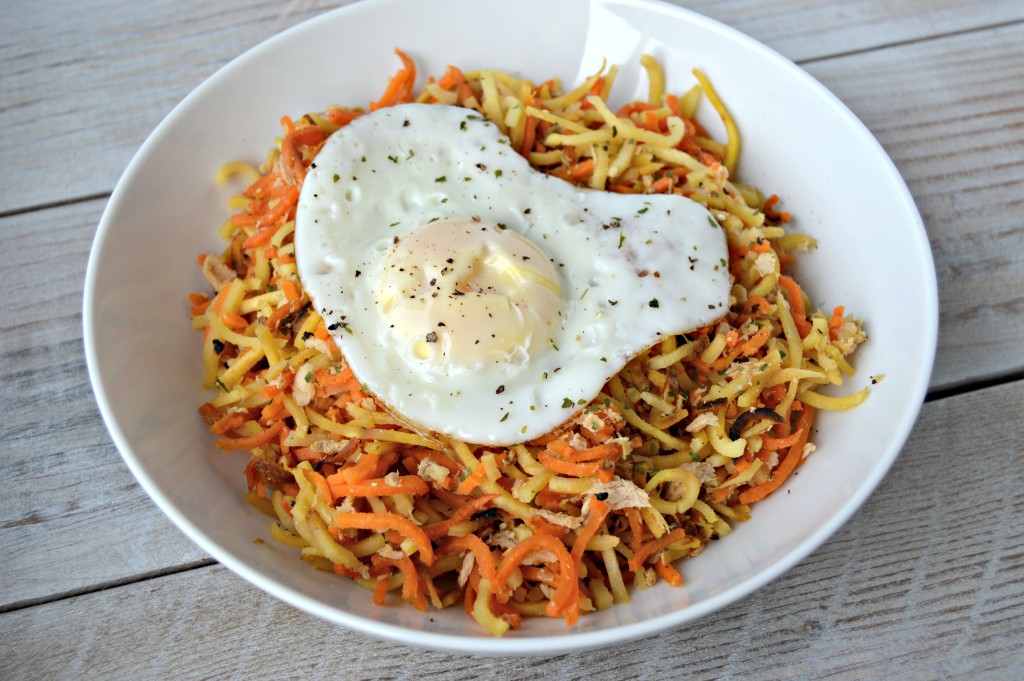 spiralized parsnip sweet potatoes salmon egg