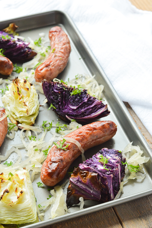 This Sheet Pan Sausage and Cabbage with Sauerkraut only dirties one pan and is nearly entirely hands-off! {AIP Paleo, Gluten-Free, Grain-Free, Dairy-Free, Nightshade-Free, Whole 30} | cleaneatingveggiegirl.com
