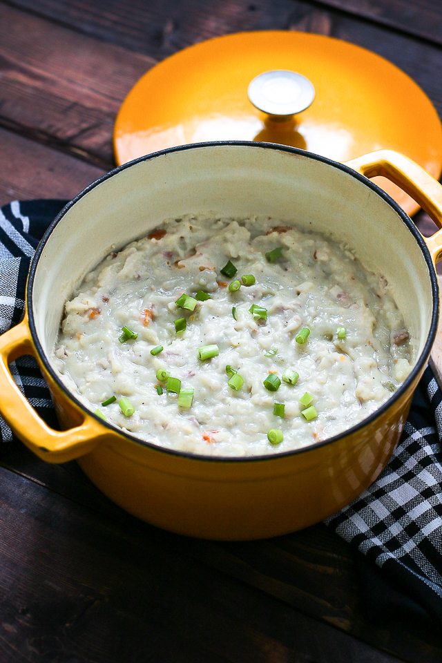 dairy free baked potato soup in gold pot